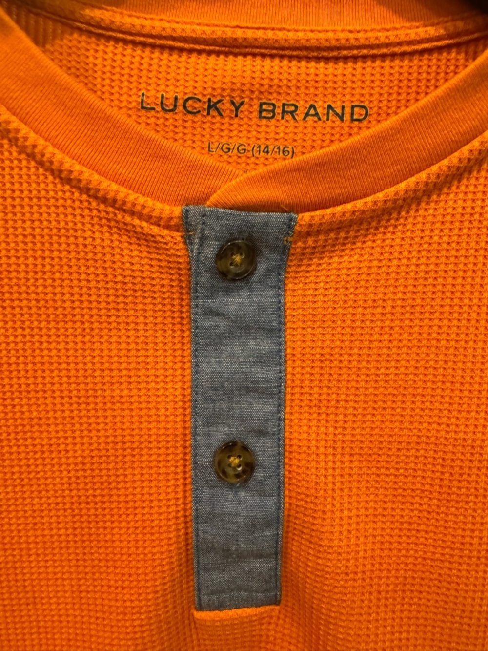Lucky Brand Shirt Youth Boys Large 14-16 Orange Waffle Knit Henley Pullover - Picture 3 of 8